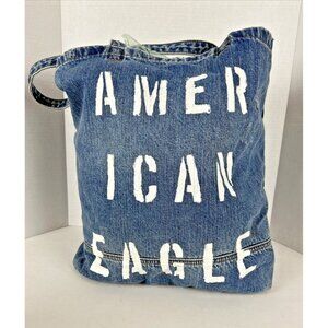 American Eagle Blue Denim Distressed Tote Bag School College Books 16"x15"x5"